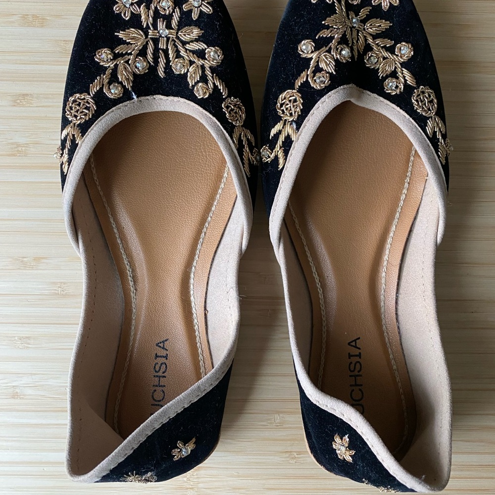 Black and Gold Embroidered Fuschia Marina Flats